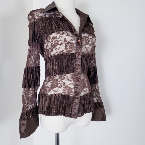 Lace long sleeve blouse button down sheer satin patchwork crinkle - Picture 4 of 14